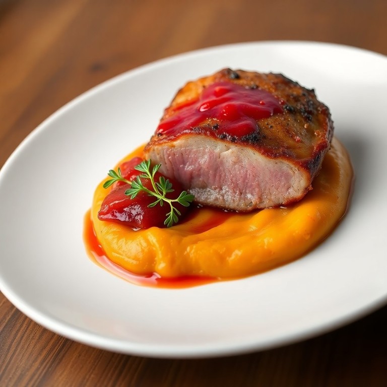 Magret de canard sauce rhubarbe, purée de patates douces