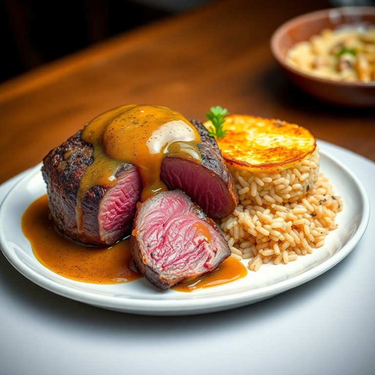 Steak de bœuf sauce échalotes, gratin de courgettes et riz sauvage