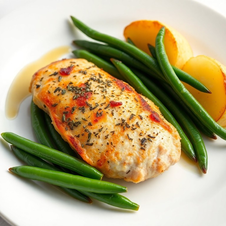 Poulet rôti aux herbes, haricots verts et pommes vapeur