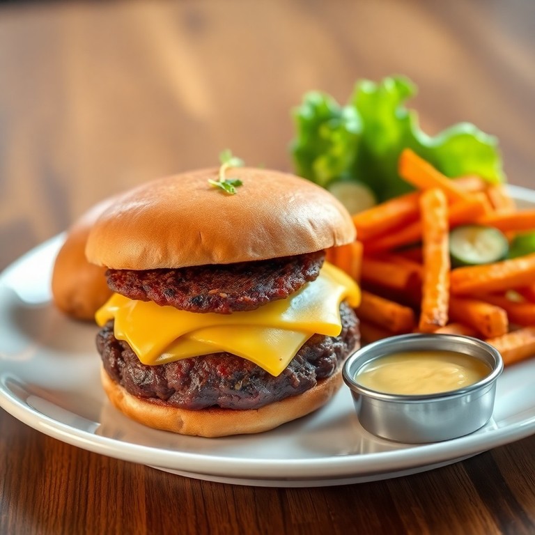 Burger Exotique au Bœuf, Frites de Patates Douces aux Épices et Salade Croquante