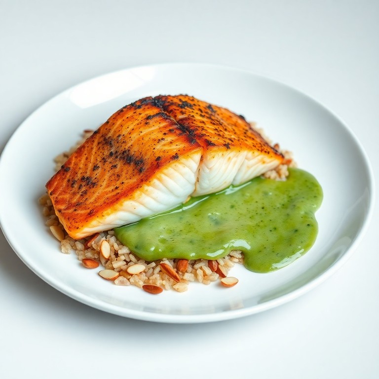 Dos de saumon rôti, crème d’asperges et riz sauvage