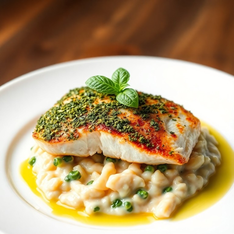 Pavé de bar en croûte d’herbes, risotto aux asperges