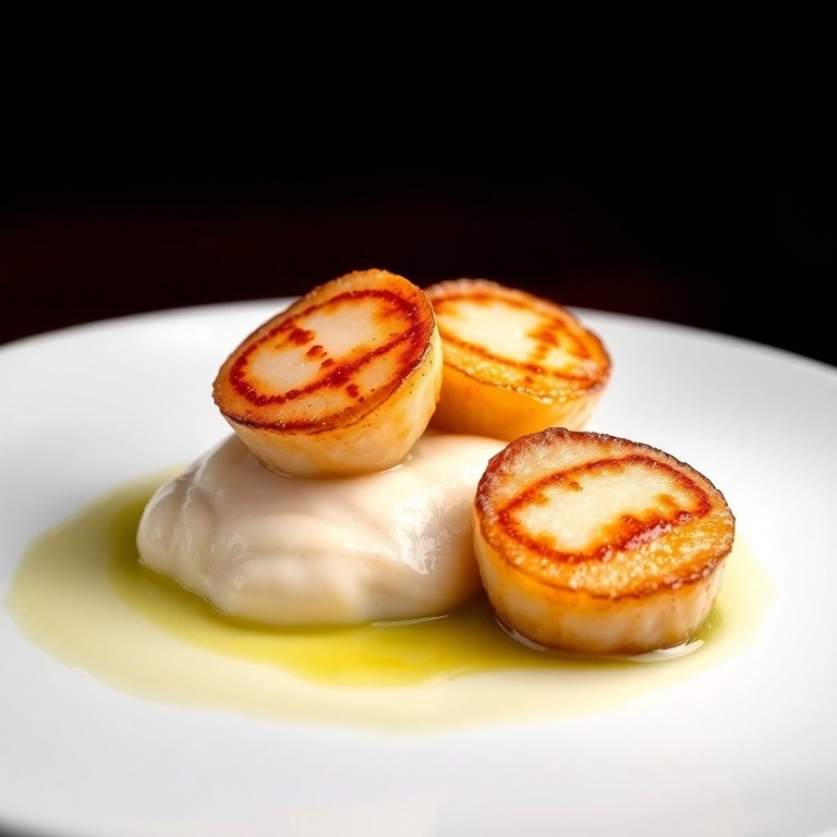 Saint-Jacques poêlées, fondue de poireaux et purée de panais