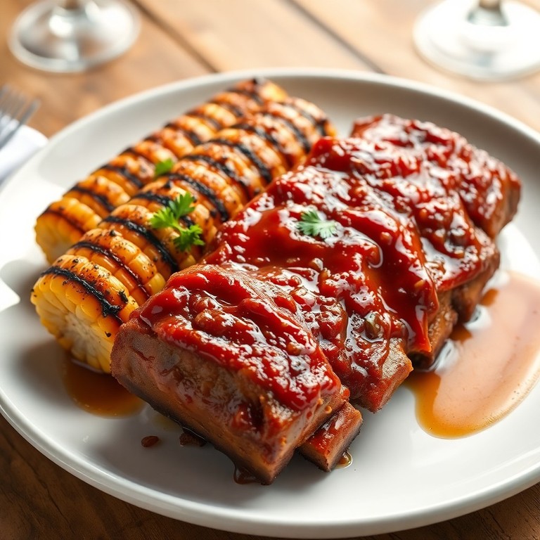 Ribs de porc caramélisés au miel et épices, épis de maïs grillés