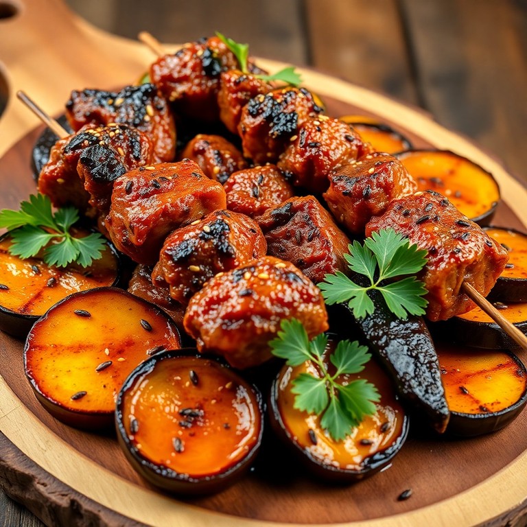 Brochettes d’agneau aux épices, aubergines confites