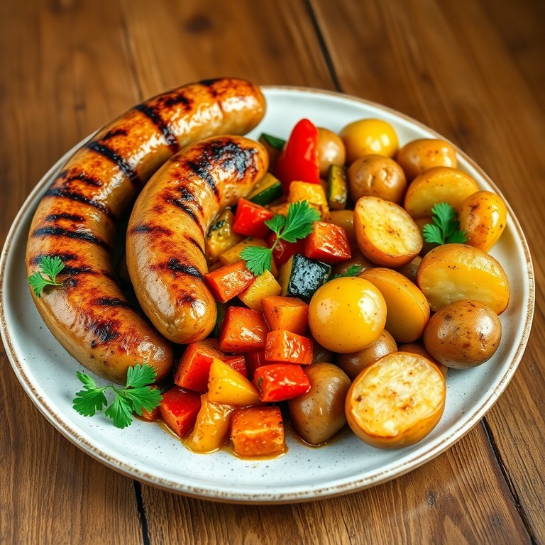 Saucisses Grillées, Ratatouille Provençale et Pommes Vapeur Rustiques