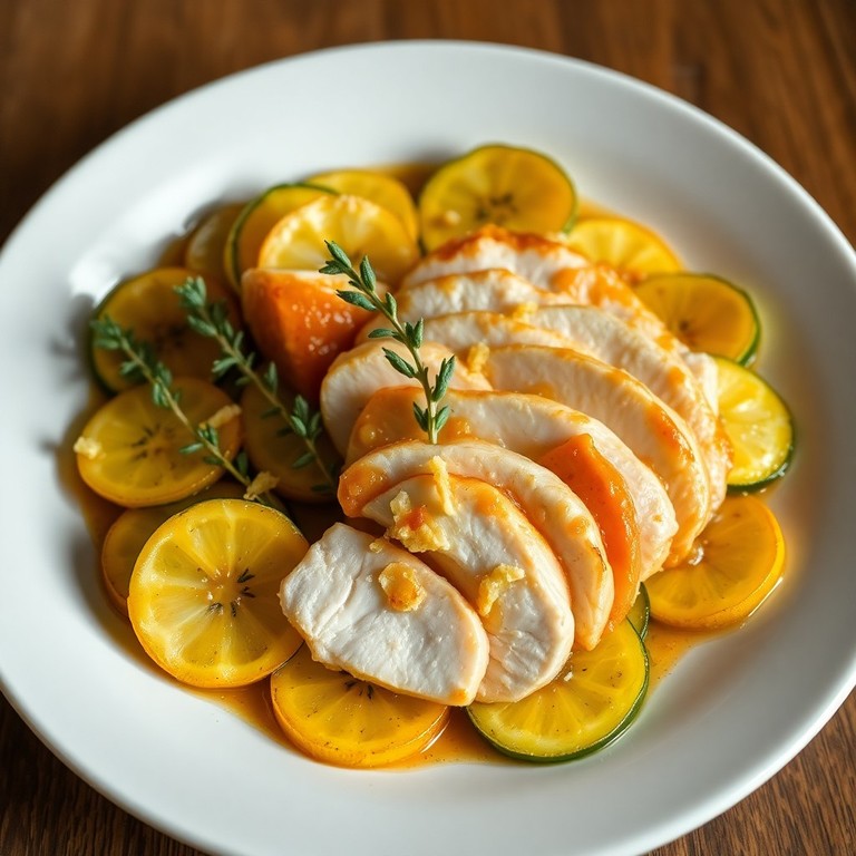 Émincé de volaille au citron et thym, poêlée de courgettes