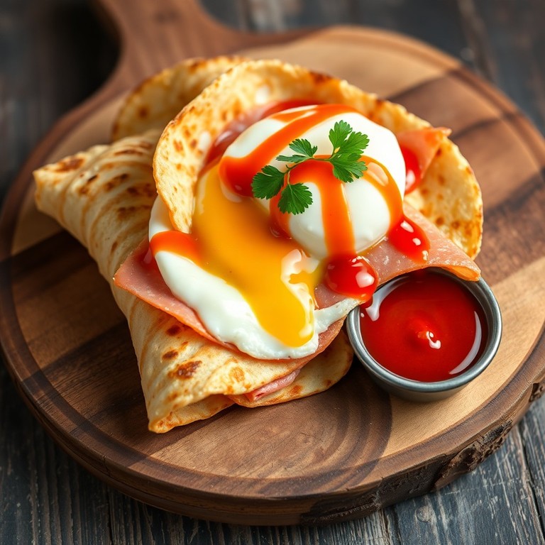 Wrap Cremoso de Queijo e Presunto com Ovo Poché e Ketchup Sriracha