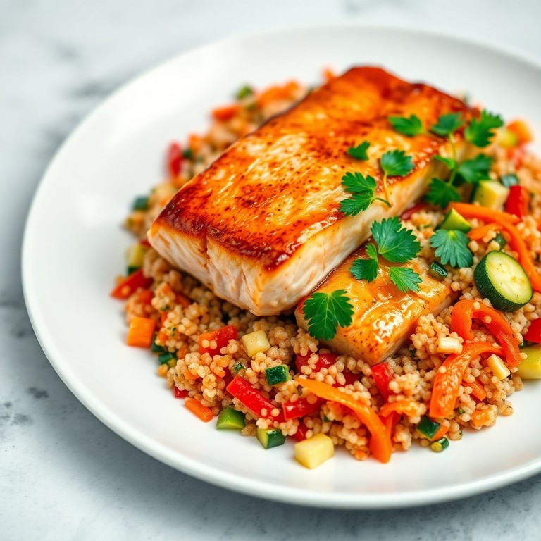 Pavé de saumon mariné, quinoa aux légumes croquants
