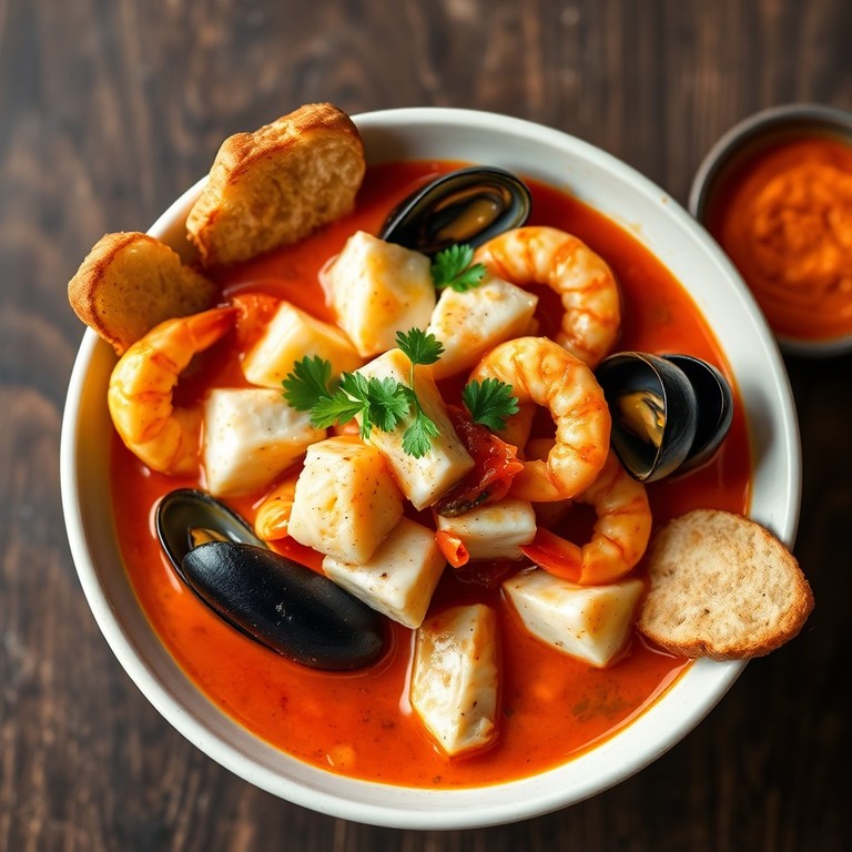 Ragoût de poisson façon bouillabaisse, croûtons et rouille