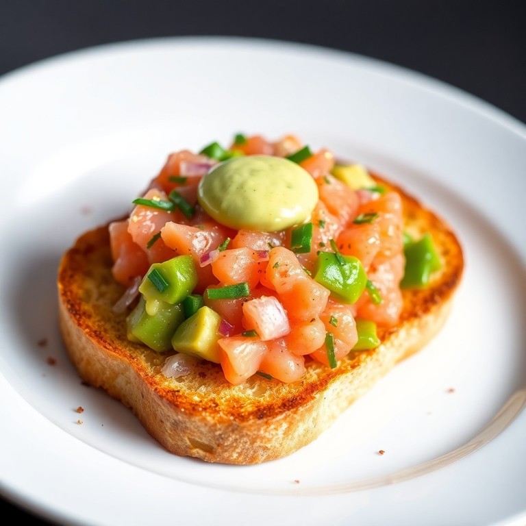 Tartare de saumon et avocat, toast de pain grillé