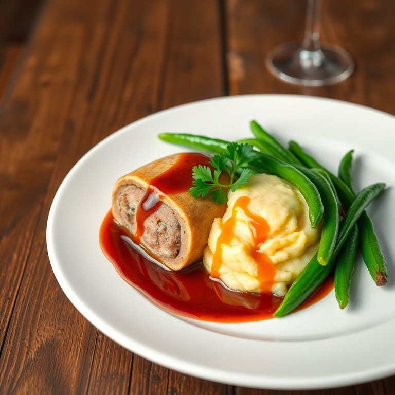 Paupiettes de veau sauce madère, écrasé de pommes de terre et haricots verts