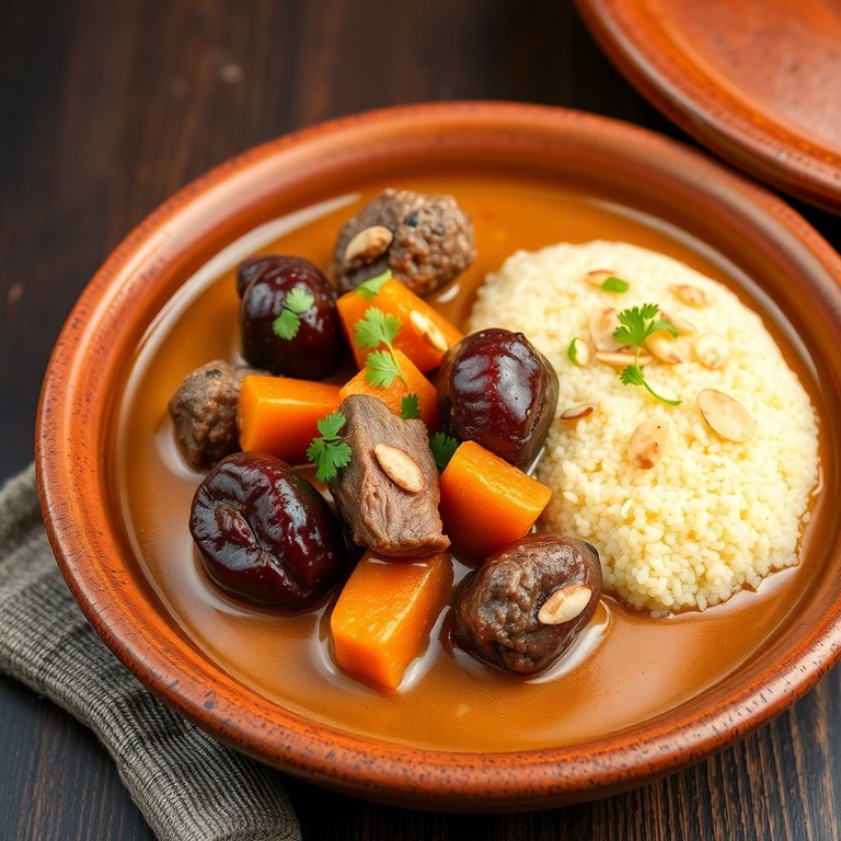 Tajine d’agneau aux pruneaux et carottes, semoule aux amandes