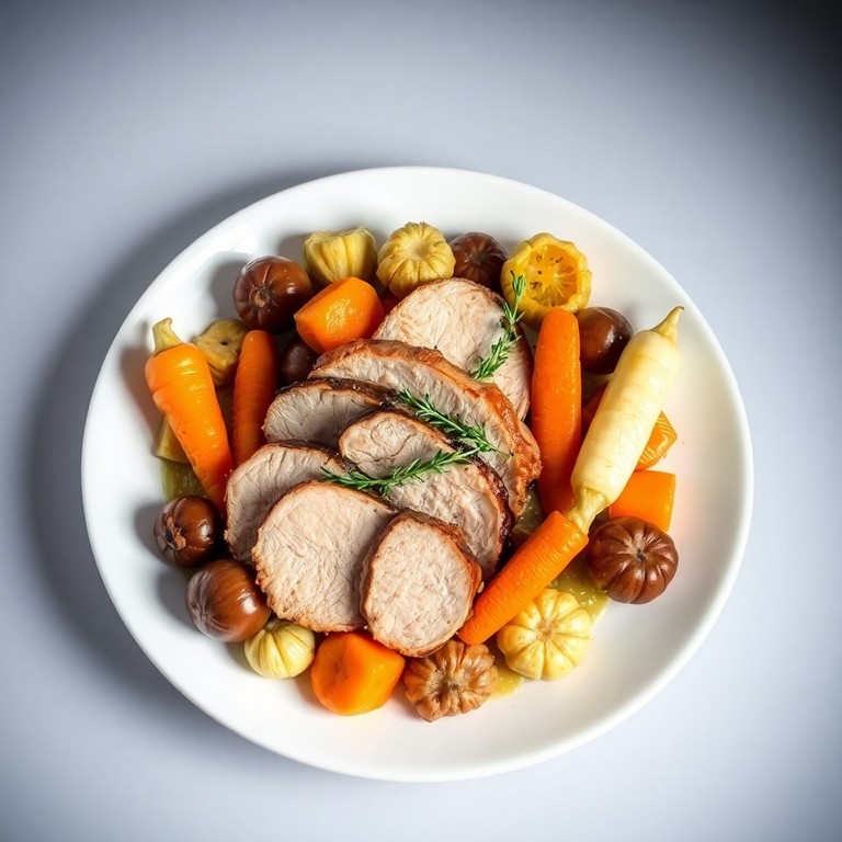 Rôti de porc aux marrons et poêlée de légumes anciens
