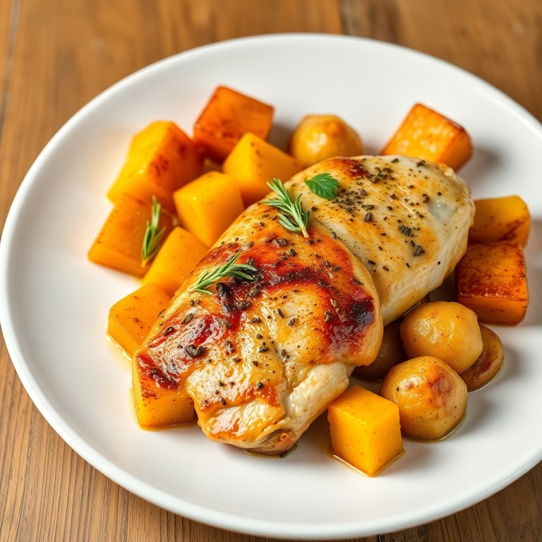 Poulet rôti aux herbes, courge rôtie et pommes de terre sautées