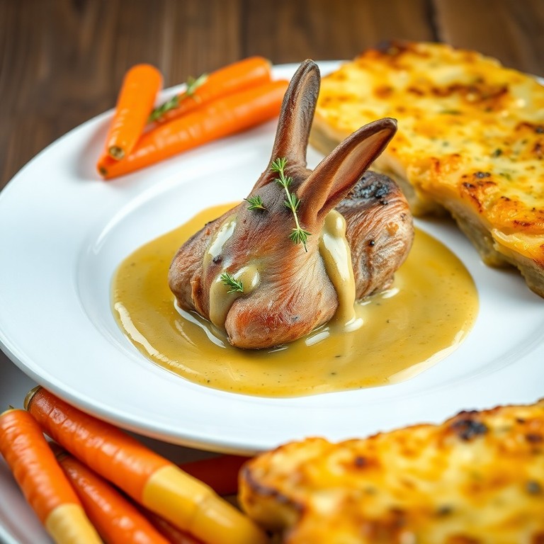 Lapin à la Moutarde, Carottes Fanes et Gratin de Légumes