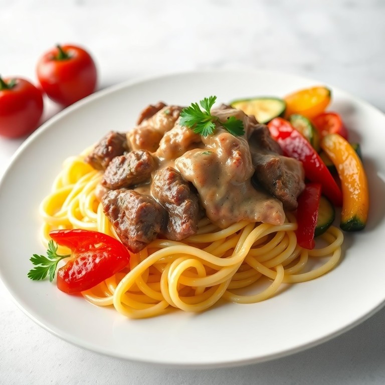 Bœuf Stroganoff, tagliatelles fraîches et légumes poêlés