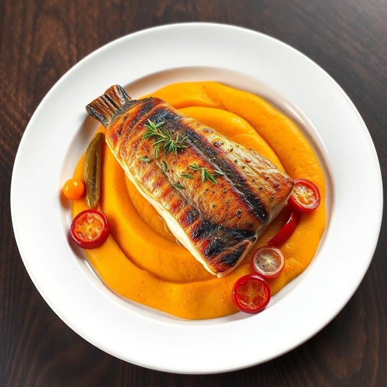 Filet de dorade rôti, purée de butternut et légumes confits