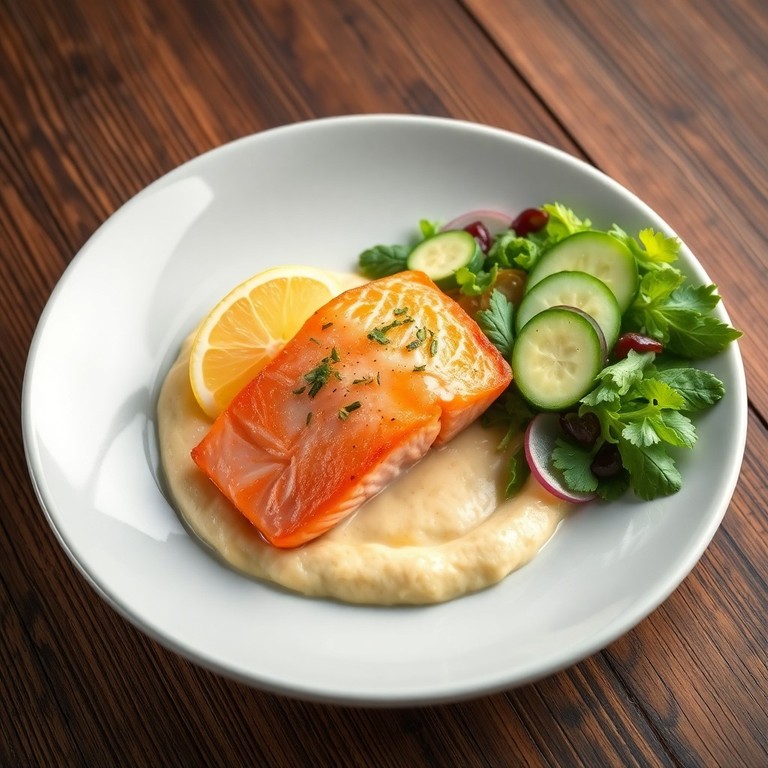 Saumon Vapeur, Mousseline de Patate Douce et Salade Verte Croquante