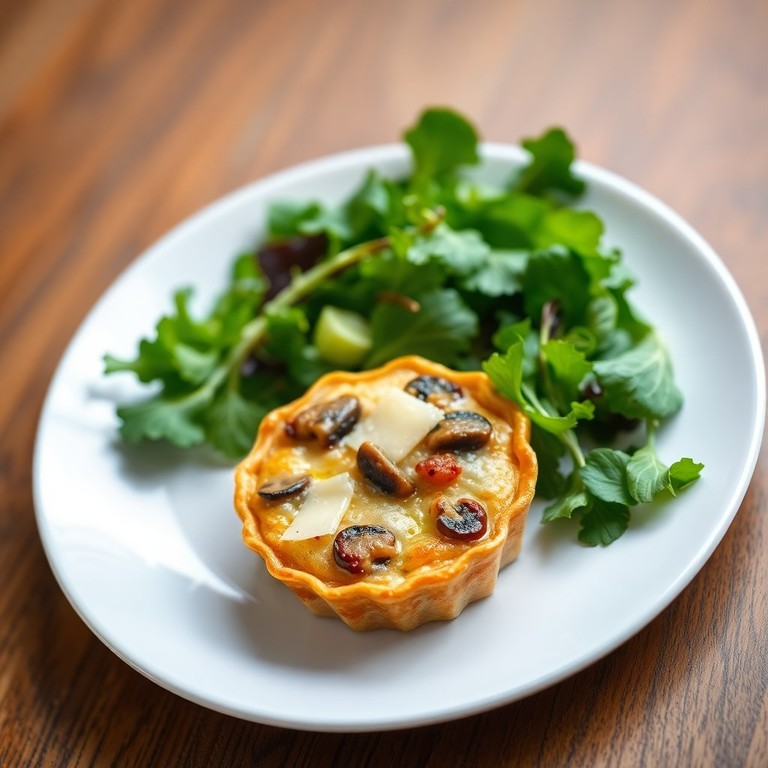 Quiche aux champignons et oignons confits, salade de jeunes pousses