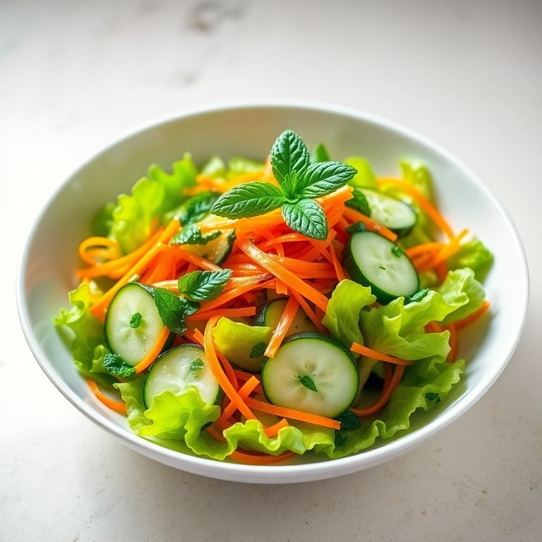Salada de Pepino, Cenoura e Alface com Molho de Limão e Hortelã