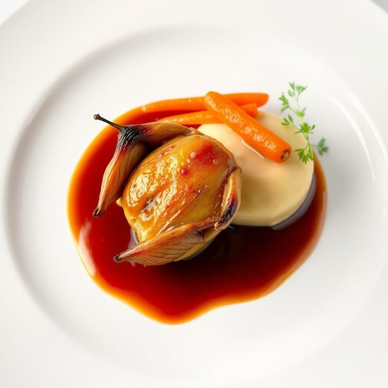 Caille rôtie et son jus, purée de panais et carottes fanes glacées