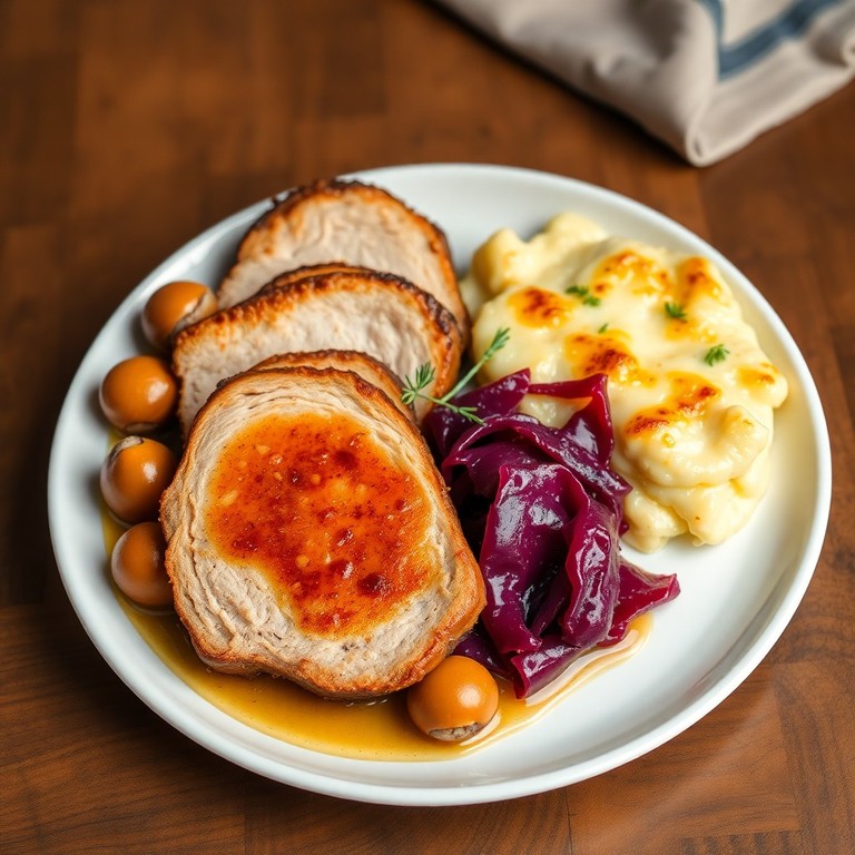 Rôti de Porc aux Marrons, Gratin Dauphinois et Poêlée de Chou Rouge