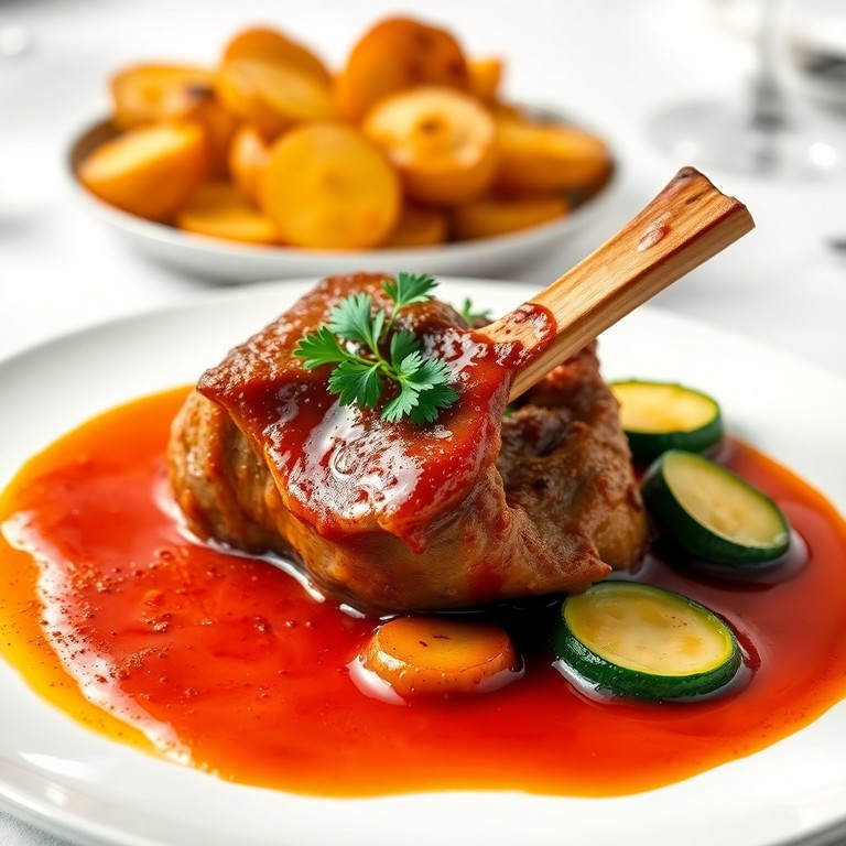 Jarret de veau braisé à l’orange, pommes boulangères et courgettes fondantes