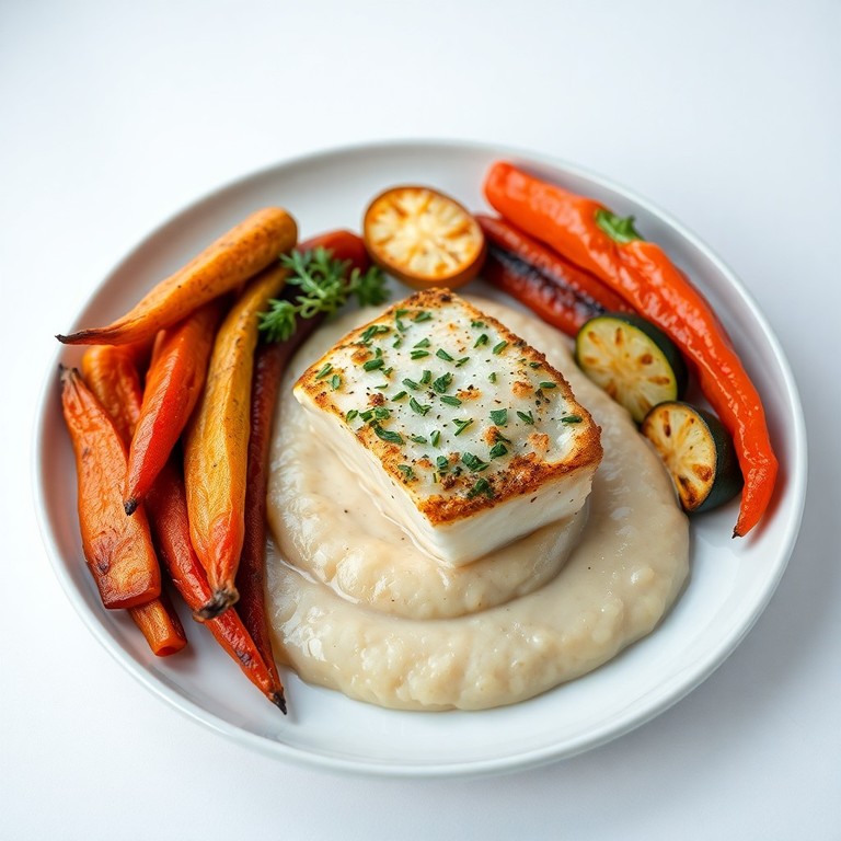 Cabillaud en croûte d’herbes, purée de panais et légumes rôtis