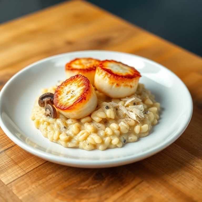 Saint-Jacques poêlées, risotto crémeux aux cèpes et parmesan