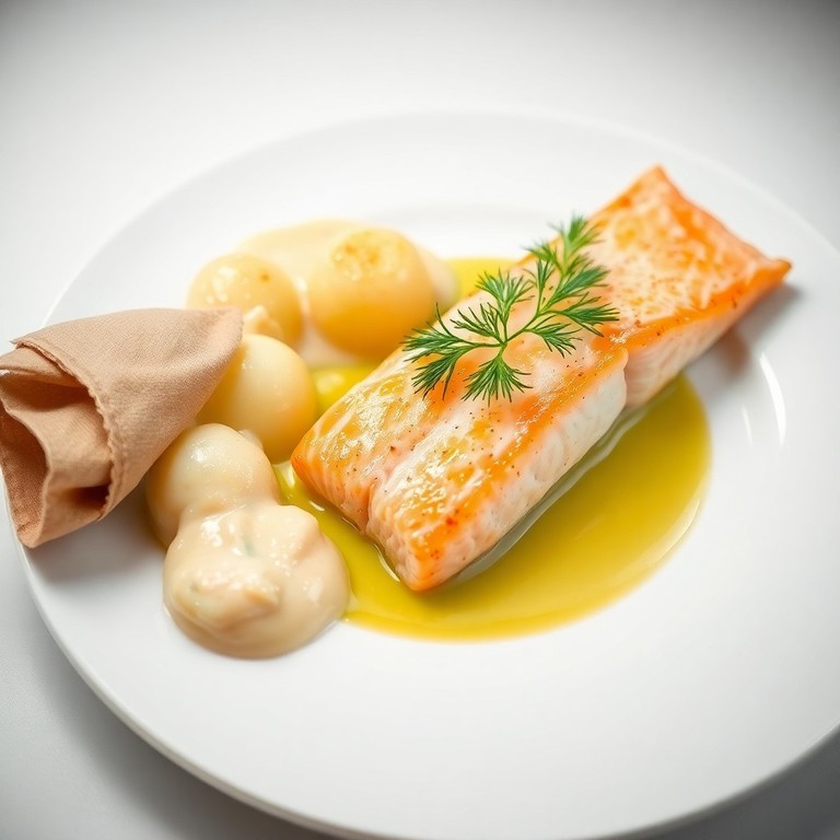 Papillote de saumon à l’aneth, pommes vapeur et fondue de poireaux