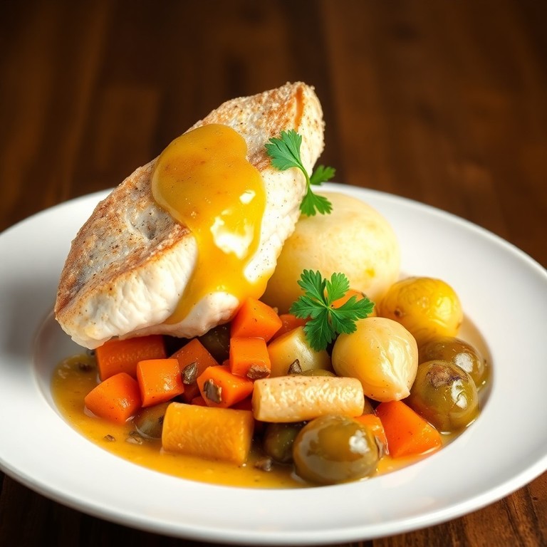 Aile de raie sauce câpres et beurre noisette, pommes vapeur et poêlée de légumes d’hiver