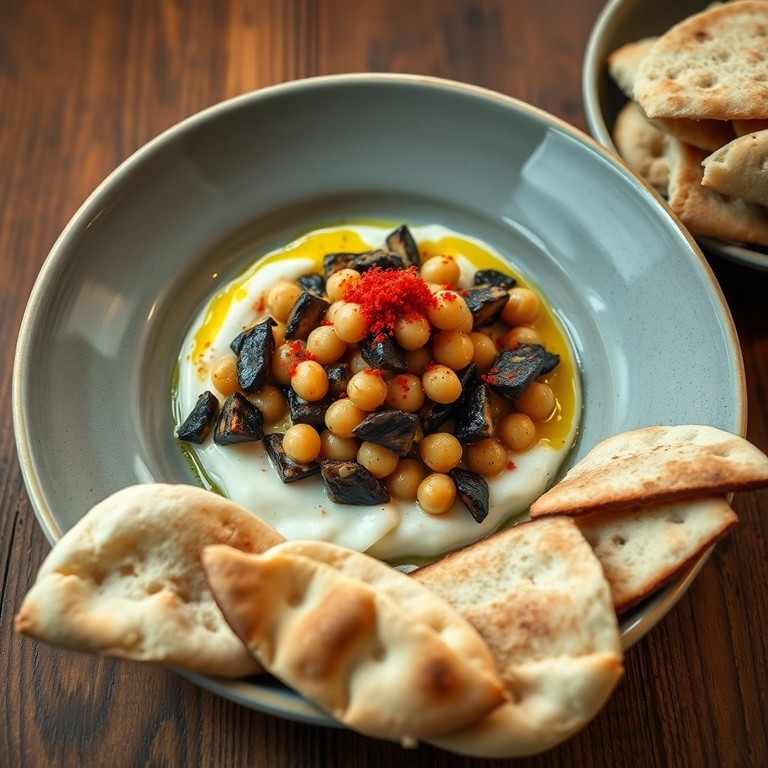 Caviar d’aubergine et pois chiches, accompagné de pain pita