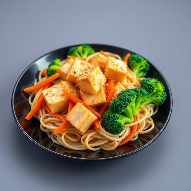 Tofu Mariné au Gingembre, Nouilles Sautées et Légumes Croquants
