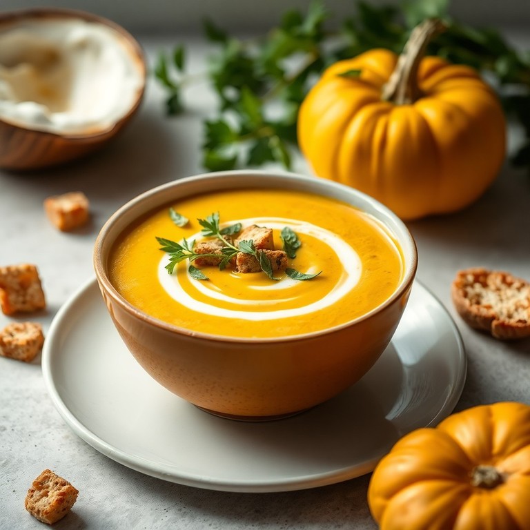 Velouté de courge et lait de coco, croûtons aux herbes