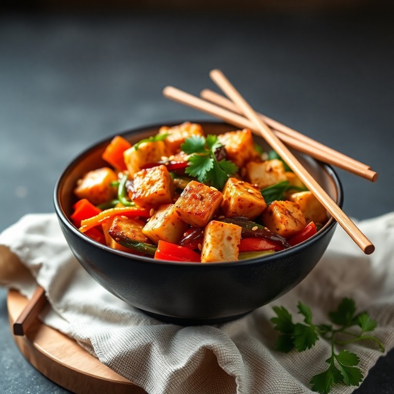 Wok de légumes et tofu fumé, sauce soja et graines de sésame végane