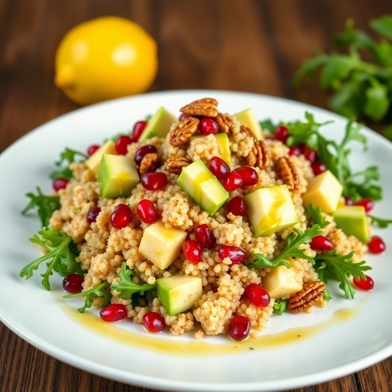 Salade de quinoa, grenade, avocat et vinaigrette citronnée