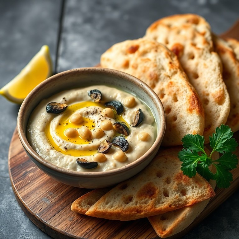 Caviar d’aubergine et pois chiches, accompagné de pain pita