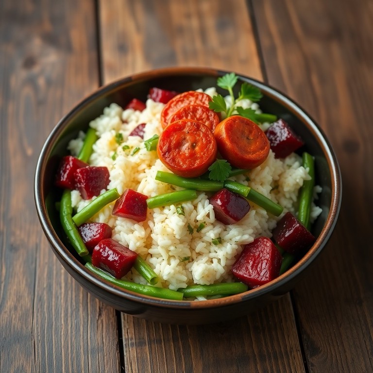 Baião de Dois com Beterraba Caramelizada e Linguiça Crocante