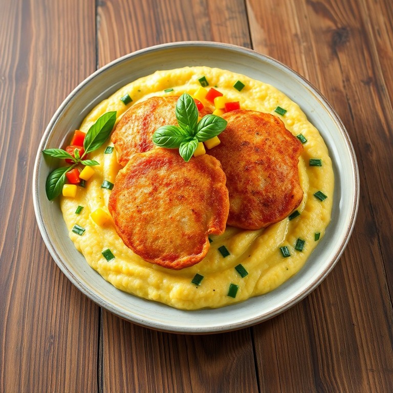Basil Creamy Polenta with Spicy Chicken Cutlets