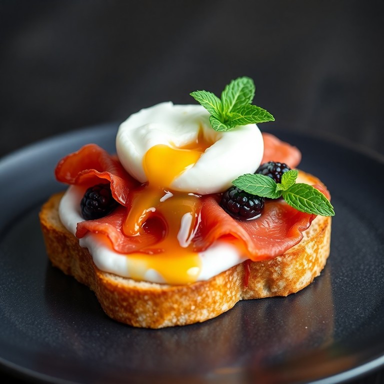 Tostada Ibérica con Huevo Pochado y Yogur de Mora