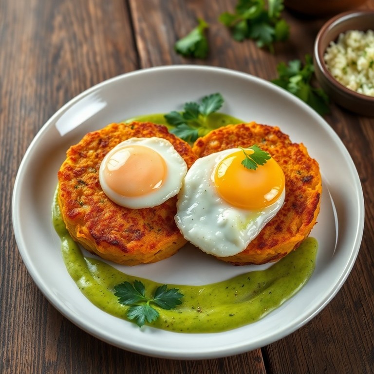 Spiced Potato-Rice Cakes with Coriander Yogurt and Fried Egg
