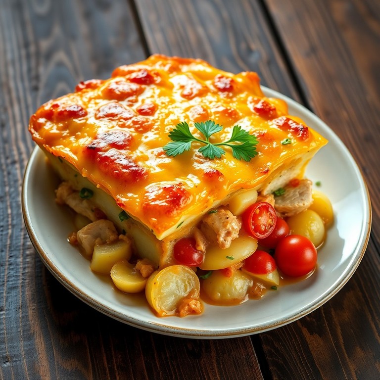 Запеканка из картофеля с курицей, сыром и овощами