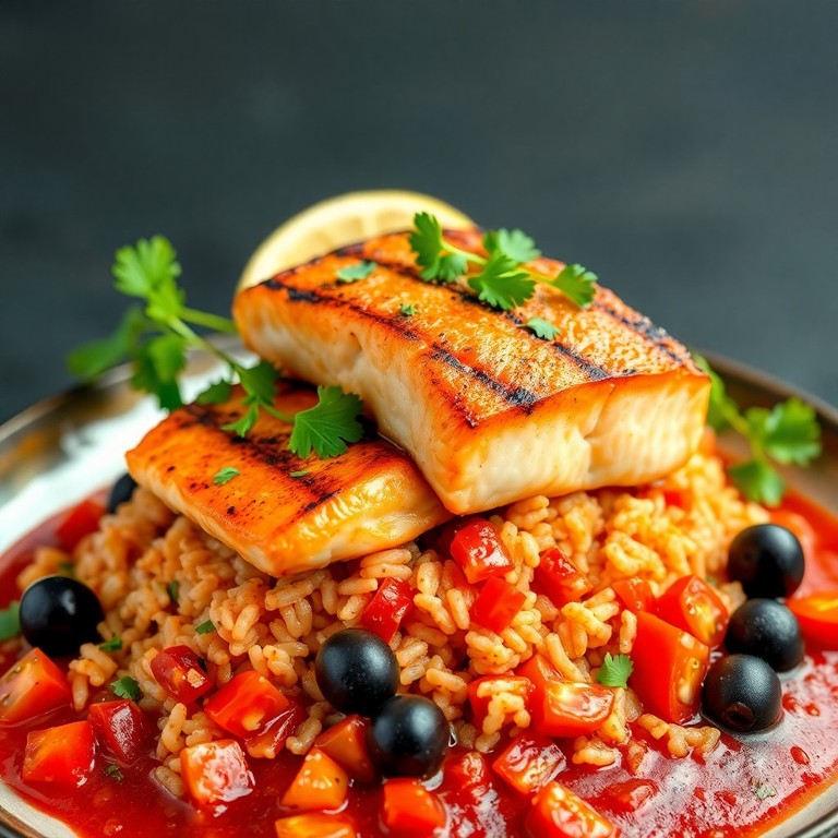 Saumon Grillé à la Méditerranéenne, Riz Tomaté aux Olives et Coriandre
