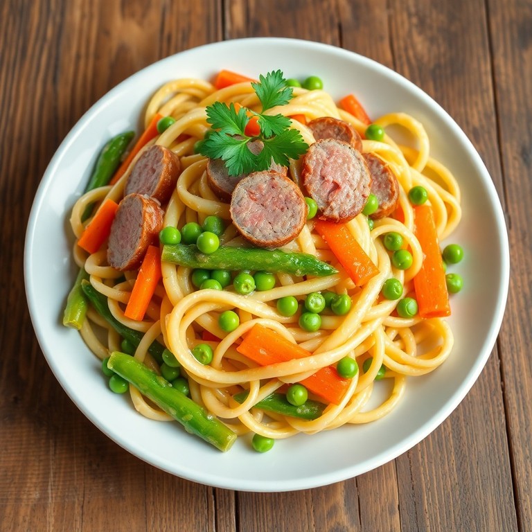 Spargel-Erbsen-Möhren-Nudeln mit Schinkenbockwurst in Sahnesauce