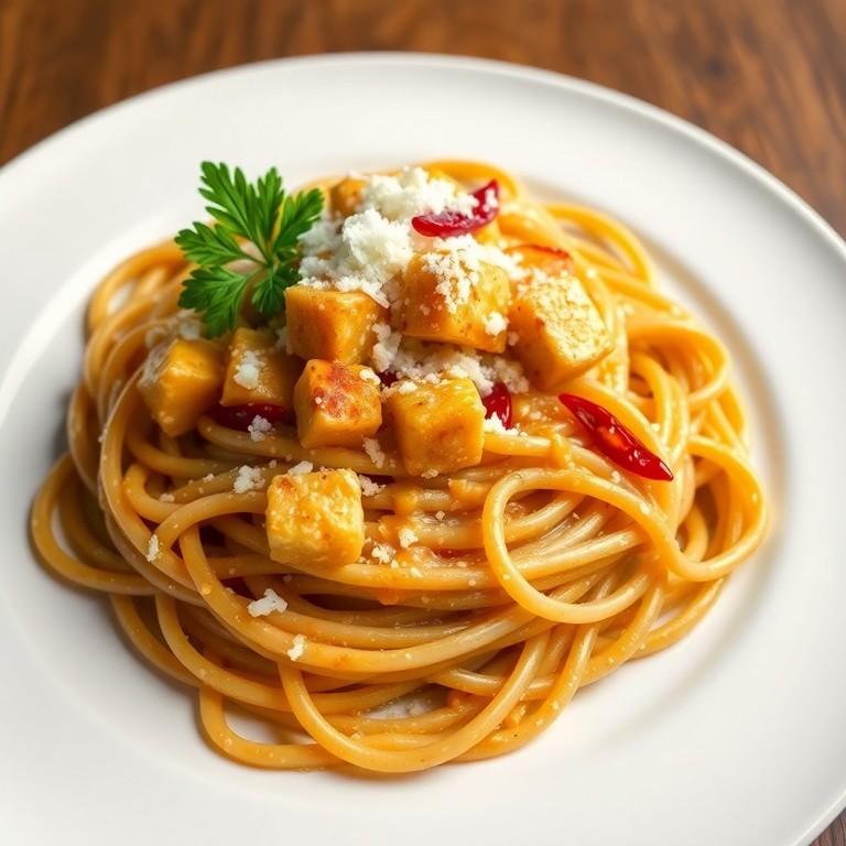 Spaghetti mit Räuchertofu in cremiger Chili-Parmesan-Soße