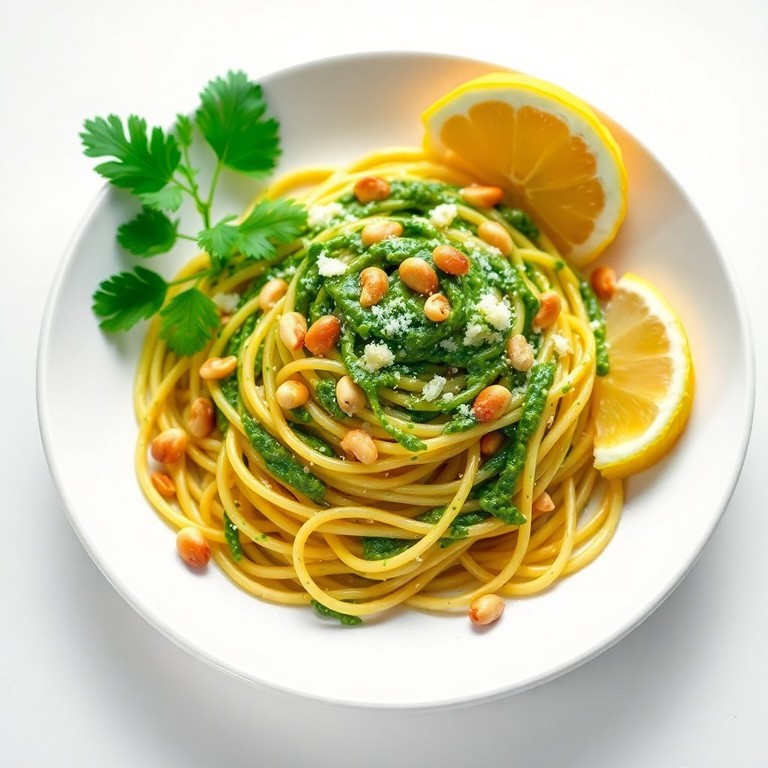 Koriander-Knoblauch-Pesto mit Cashew-Pinienkern-Mix zu Spaghetti