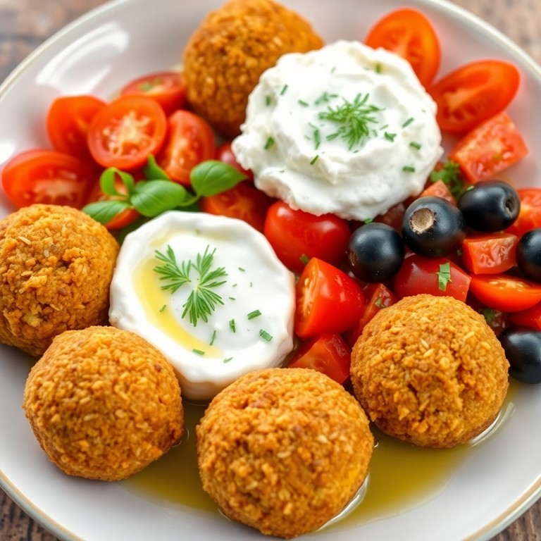 Falafel-Bällchen mit Tomaten-Oliven-Salat und Feta-Dip - Mr. Cook