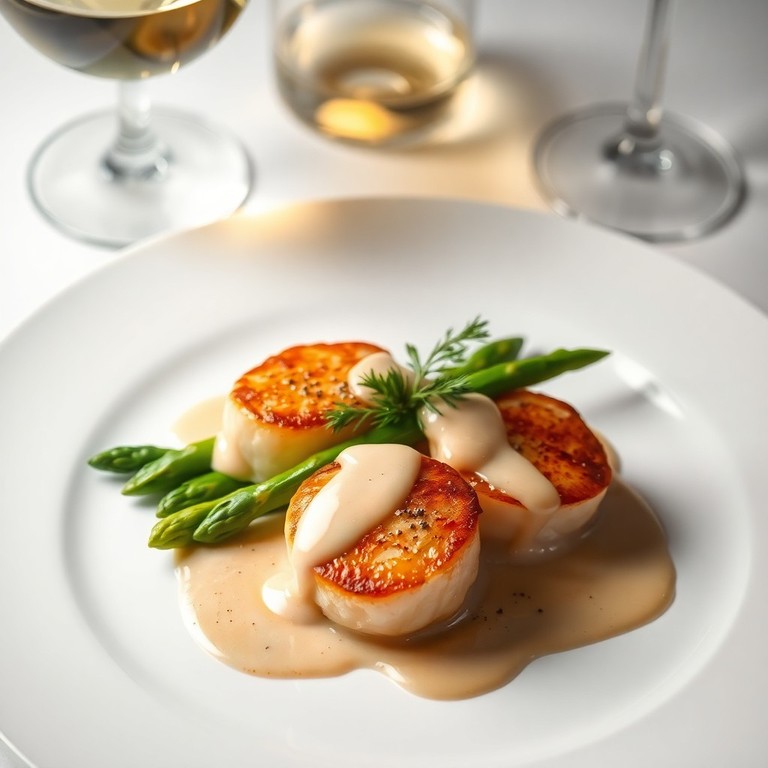 Noix de pétoncles poêlées aux asperges vertes et crème de cognac