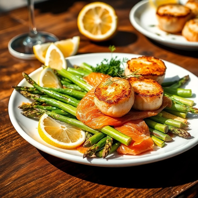 Spargel-BBQ mit Räucherlachs und Jakobsmuscheln